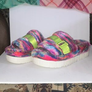 UGG Colorful Fluffy Slides with Neon Green